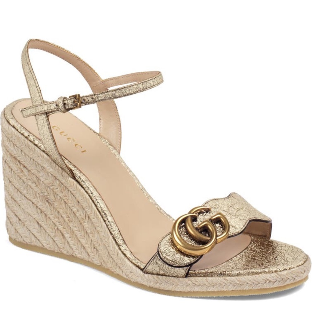 Metallic Double G Espadrille Wedge Sandals Size 5